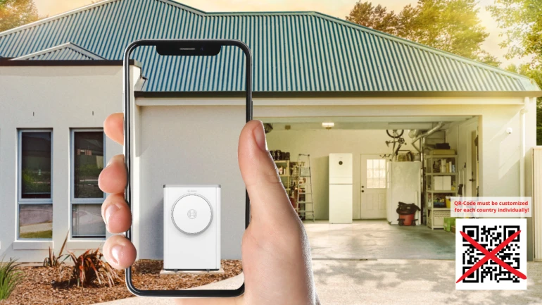 Person has scanned the QR code for the 3D heat pump simulation with her smartphone and can thus virtually experience the desired heat pump in the garden.