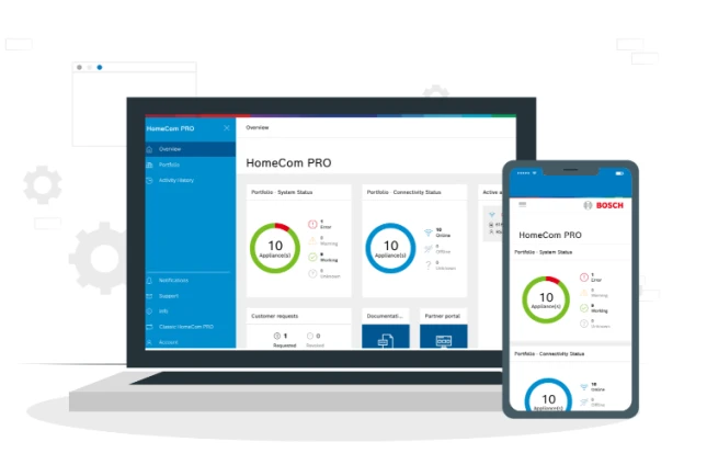 PC und Handy mit der App HomeComPro abgebildet auf den Bildschirmen des PCs und Handys
