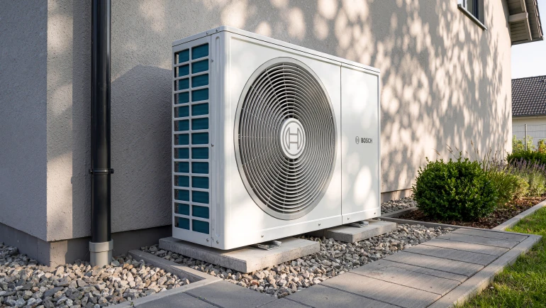 CS3800i AW Wärmepumpe vor Hausmauer stehend