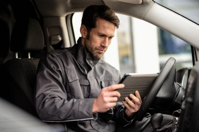 Installateur im Auto prüft den nächsten Kundentermin