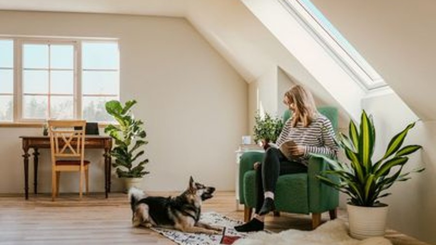 Frau mit Hund befindet sich im Wohnzimmer und genießt Wärme der Fußbodenheizung Frau mit Hund befindet sich im Wohnzimmer und genießt Wärme der Fußbodenheizung