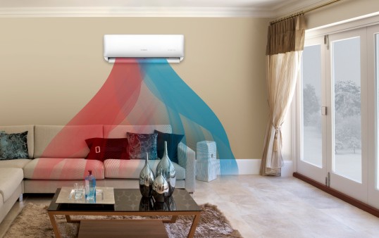 Mini Split installed on the wall. Diagram shows heating and cooling.