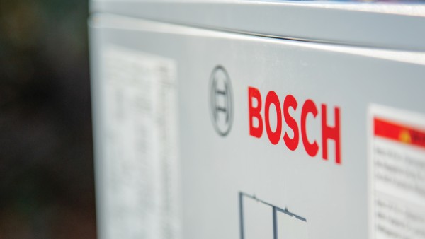 Red Bosch logo on heat pump