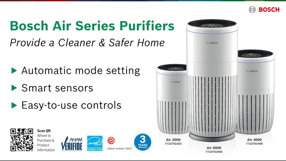 Bosch air purifiers use Intelligent Sensors to monitor the level of air pollution and Air Quality LED Light Rings that automatically adjust based on the indoor air quality, ensuring optimal performance tailored to your home. From allergen-sensitive individuals to those striving for a pollution-free environment, Bosch Air Purifiers are the answer for a cleaner, safer, and more enjoyable living space.