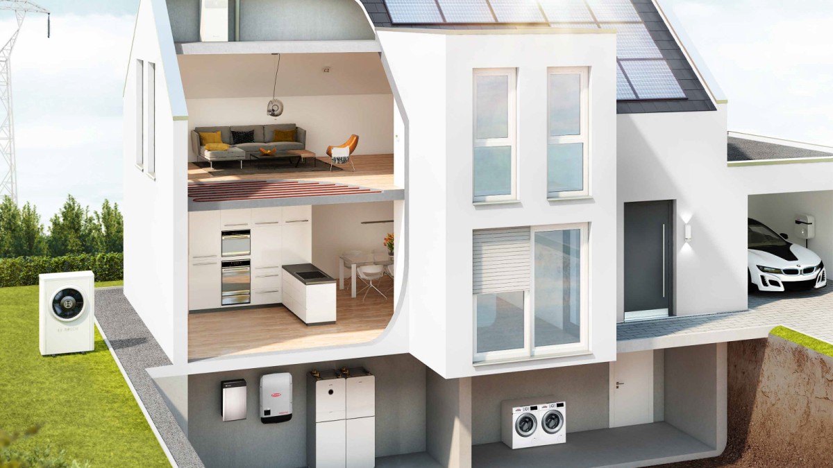 Maison individuelle moderne avec installation photovoltaïque, pompe à chaleur et gestionnaire d'énergie Maison individuelle moderne avec installation photovoltaïque, pompe à chaleur et gestionnaire d'énergie