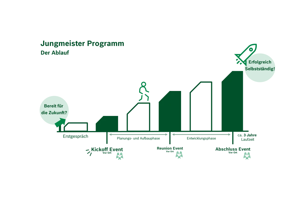 Infografik, die den Ablauf des Jungmeisterprogramms beschreibt.