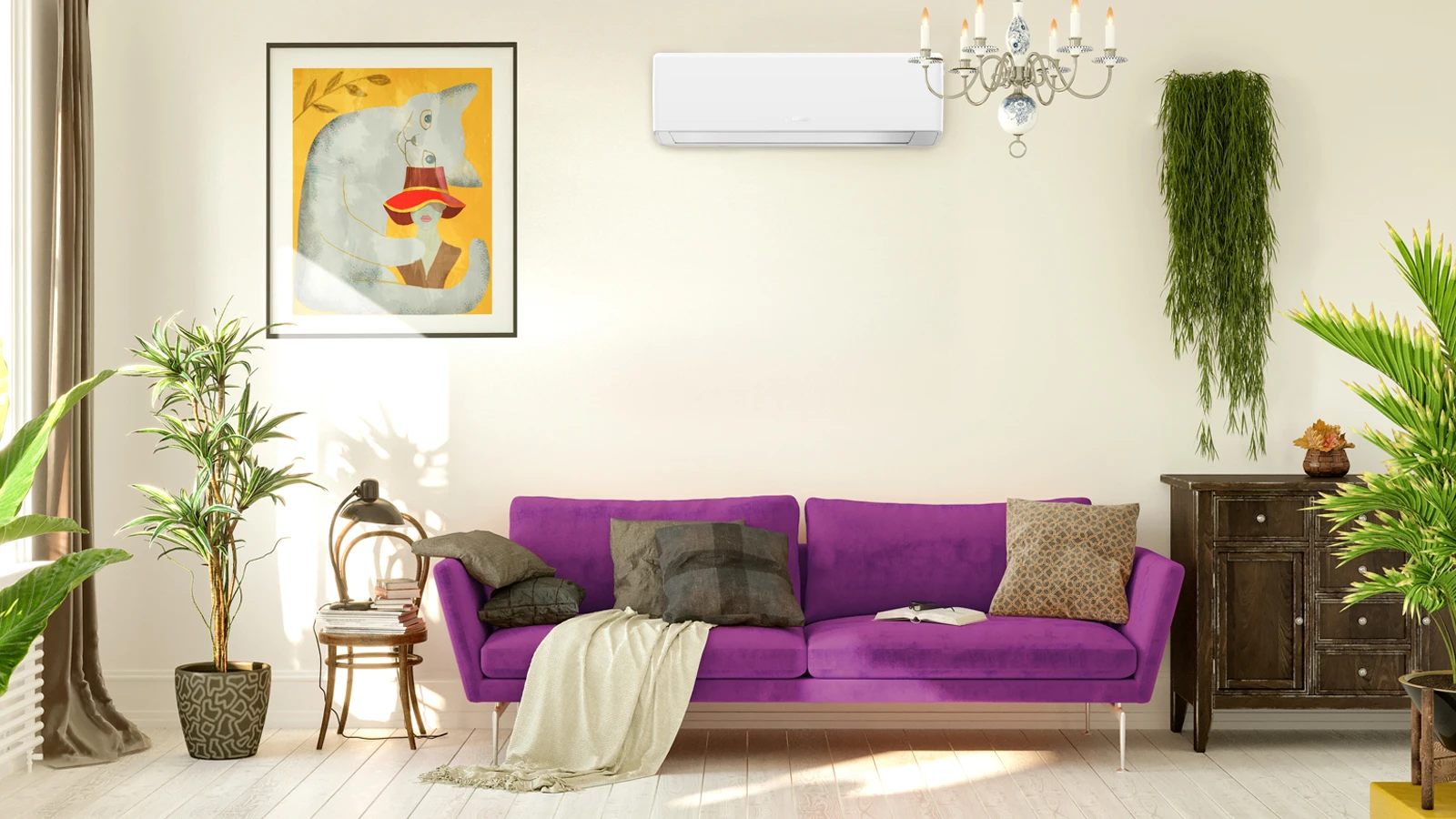 Ein geräumig eingerichtetes Wohnzimmer mit Sofa und Inneneinrichtung. An der Wand hängt eine Bosch-Klimaanlage in weiß.