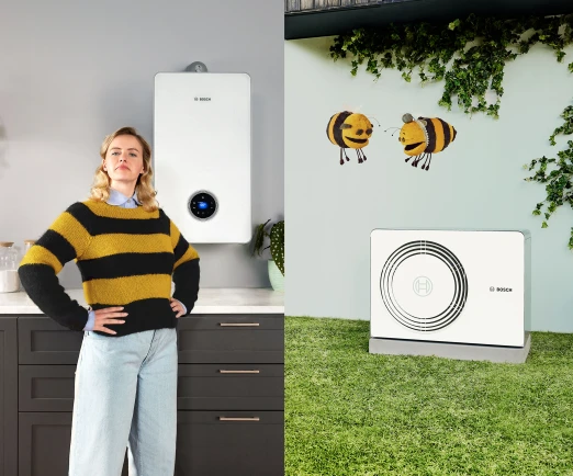 Eine Frau mit gelb-schwarz gestreiftem Pulli steht vor einer Gas-Heizung. Rechts ist eine Wärmepumpe Bosch zu sehen, über der zwei Bienen fliegen.