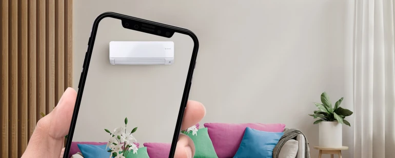 Bosch Klimaanlage mit Augmented Reality virtuell in die Wohnung platziert.