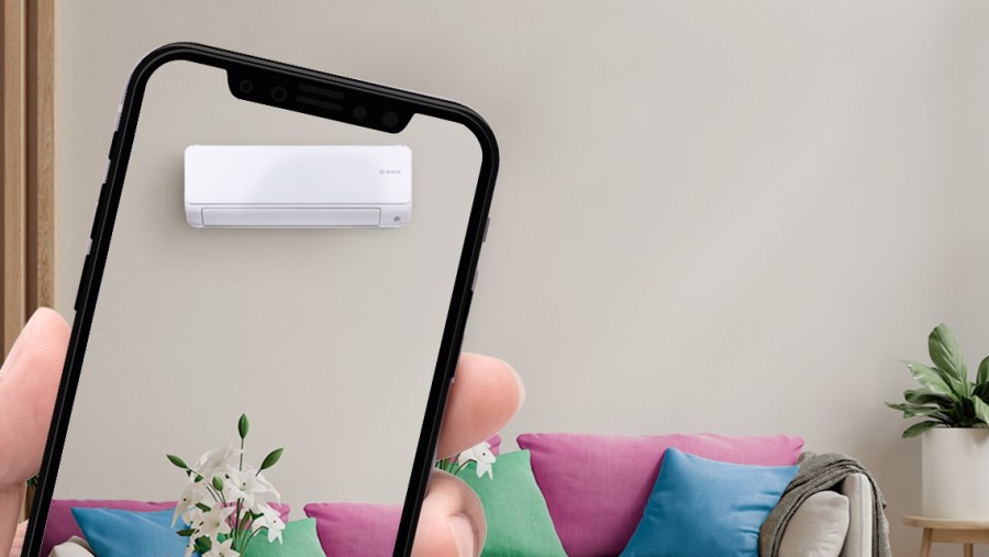 Bosch Klimaanlage mit Augmented Reality virtuell in die Wohnung platziert.