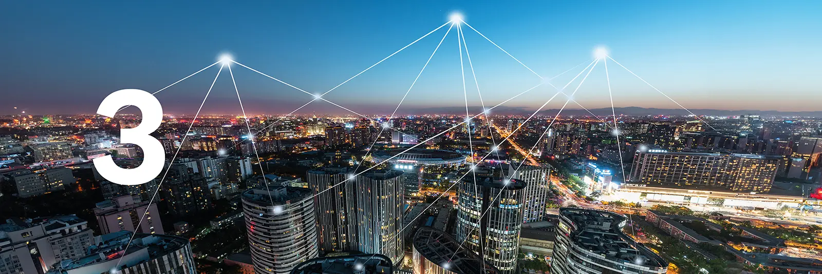 Eine Stadt bei Nacht während Vernetzungen in weiß visuell dargestellt werden.