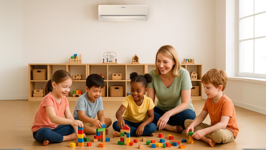 Kinder spielen auf Boden. Bild ist KI-generiert.