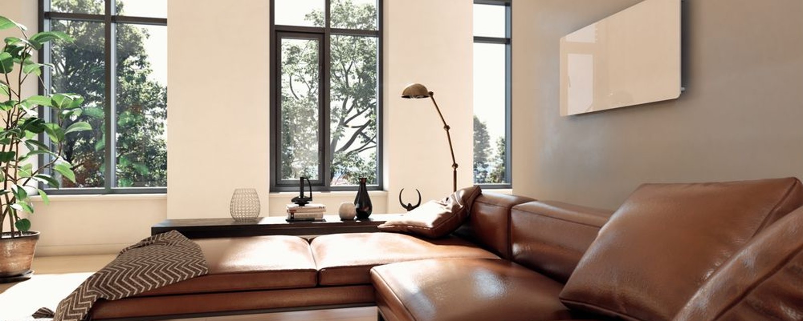 Bosch Infrarotheizung Heat Infrared 4000 P in einem modernen Wohnzimmer wandhängend Bosch Infrarotheizung Heat Infrared 4000 P in einem modernen Wohnzimmer wandhängend