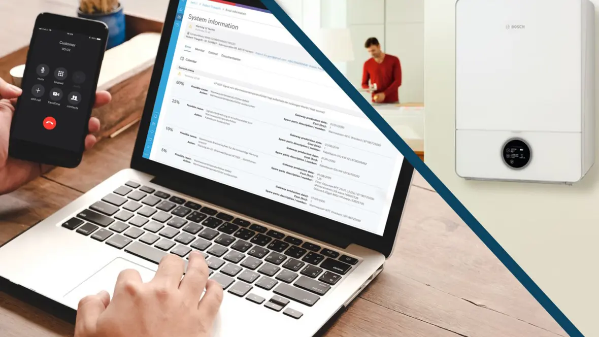 Links ist eine Person zu sehen, die einen Laptop nutzt und währendessen telefoniert.