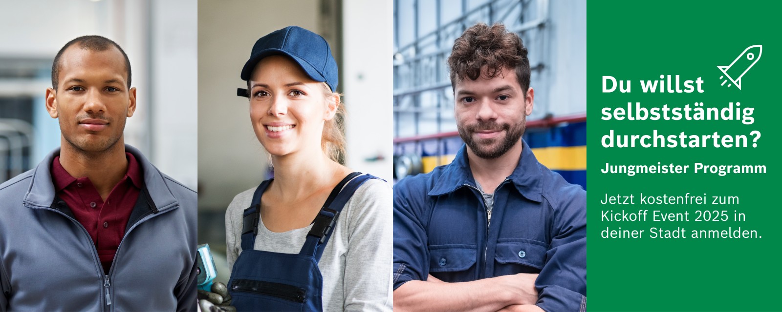 Drei Installateure und Informationen zu den Terminen für das Jungmeisterprogramm sind abgebildet. Drei Installateure und Informationen zu den Terminen für das Jungmeisterprogramm sind abgebildet.
