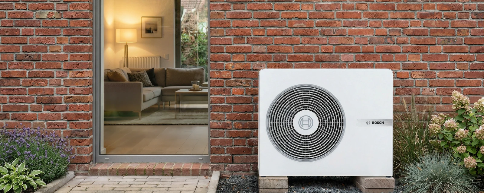 Die Wärmepumpe 8800i AW von Bosch steht an einer Hauswand