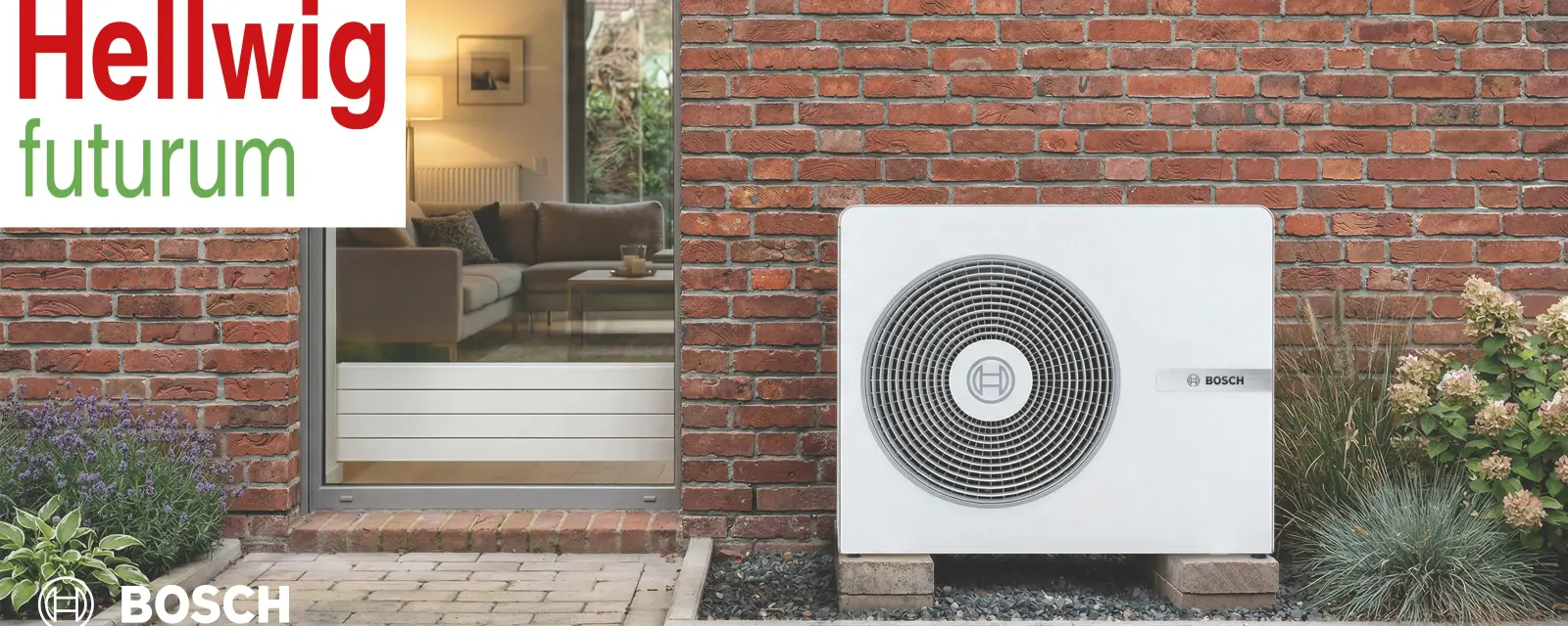 Die Wärmepumpe von Bosch steht an einer Hauswand im Garten