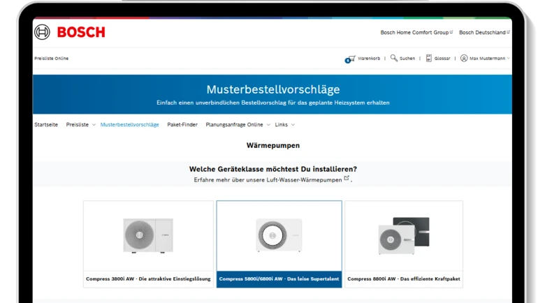 Installateur informiert sich über das Online-Tool Heizreport mit Bosch.