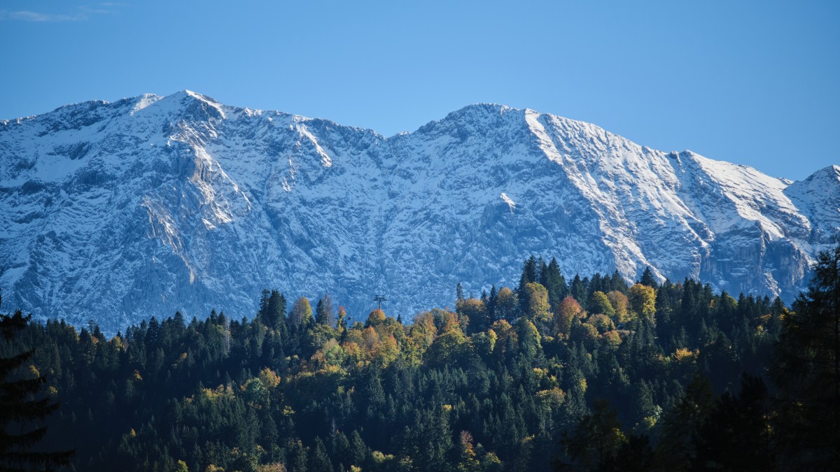 Im Vordergrund ist ein bewaldeter Hügel zu sehen, im Hintergrund schneebedeckte Berge. Im Vordergrund ist ein bewaldeter Hügel zu sehen, im Hintergrund schneebedeckte Berge.