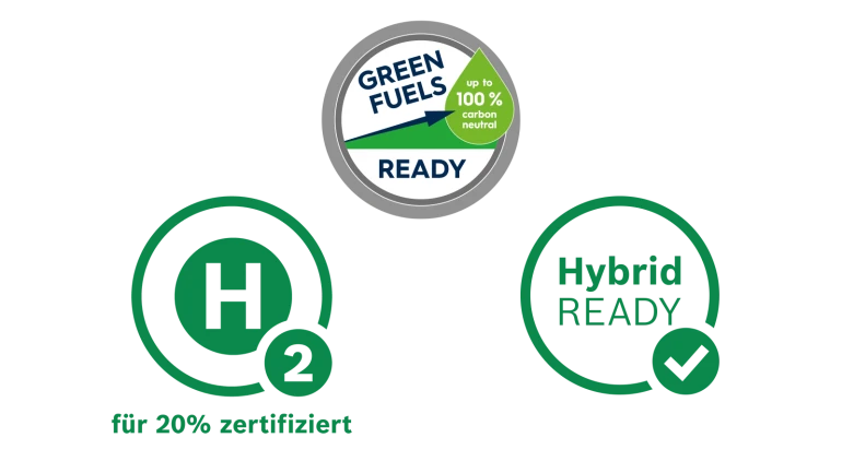 Öl- / Gas-Brennwertgeräte von Bosch können mit 10 % Green Fuel oder 20 % Wasserstoff betrieben werden