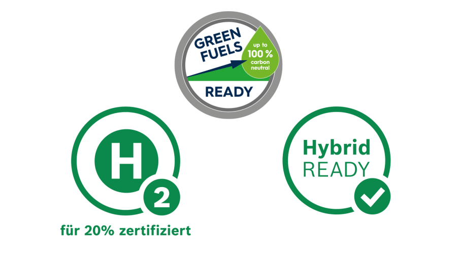 Öl- / Gas-Brennwertgeräte von Bosch können mit 10 % Green Fuel oder 20 % Wasserstoff betrieben werden Öl- / Gas-Brennwertgeräte von Bosch können mit 10 % Green Fuel oder 20 % Wasserstoff betrieben werden