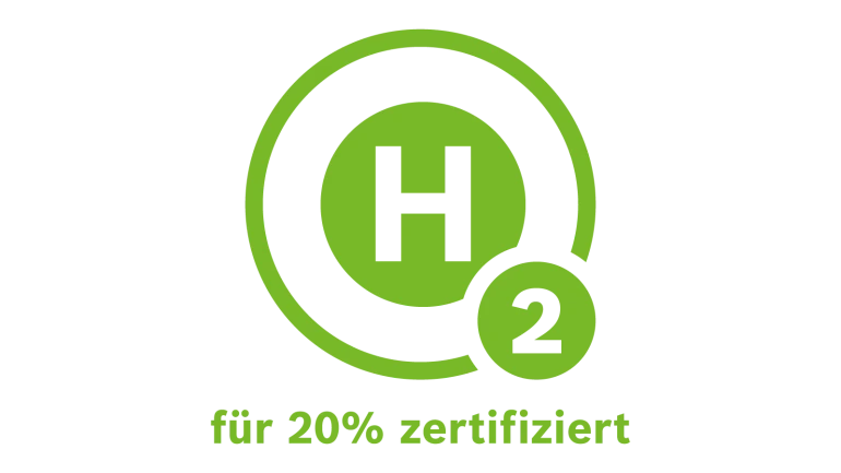 Wasserstoff Logo von Bosch für Heizgeräte mit 20 Prozent h2 Zertifizierung