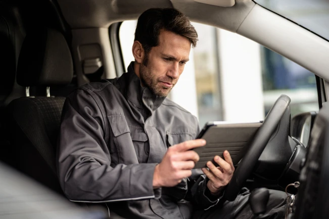 Installateur informiert sich über das Online-Tool Heizreport mit Bosch.