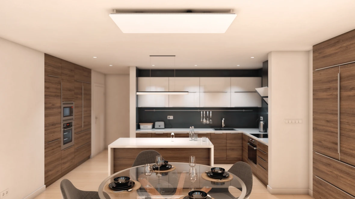 Küche mit Deckeninfrarotpaneel.