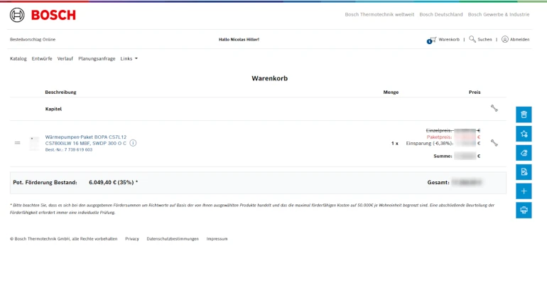 Vorläufige Fördersumme Bosch Partner Portal