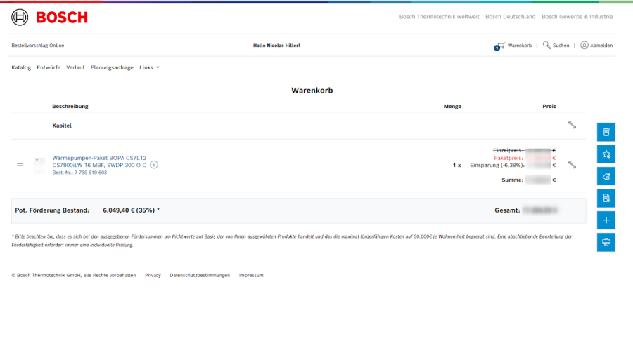 Vorläufige Fördersumme Bosch Partner Portal