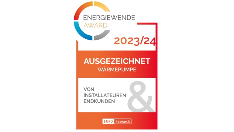 Gütesiegel für die Wärmepumpe, ausgezeichnet mit dem Energiewende Award 2023/24.