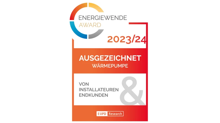Gütesiegel für die Wärmepumpe, ausgezeichnet mit dem Energiewende Award 2023/24.