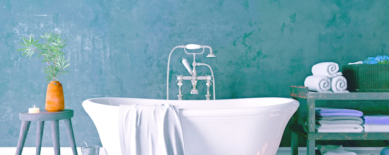 Eine freistehende Badewanne steht vor eine blau-grau gestrichenen Wand.