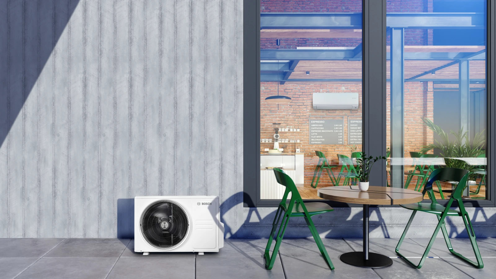 Eine Split-Klimaanlage im hochwertigen Bosch-Design clever integriert, statt versteckt: Das kompakte Außengerät auf der Terrasse und das passende Innengerät an der Wand im Café.