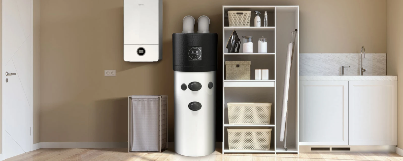 Warmwasser Wärmepumpe Bosch Compress 5000 DW steht in einem Haushaltsraum.