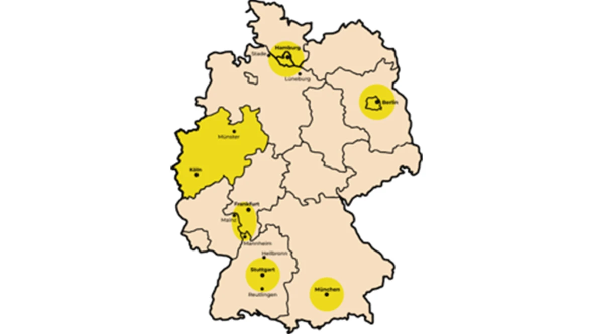 Deutschlandkarte indem verschiedene Städte dargestellt werden.