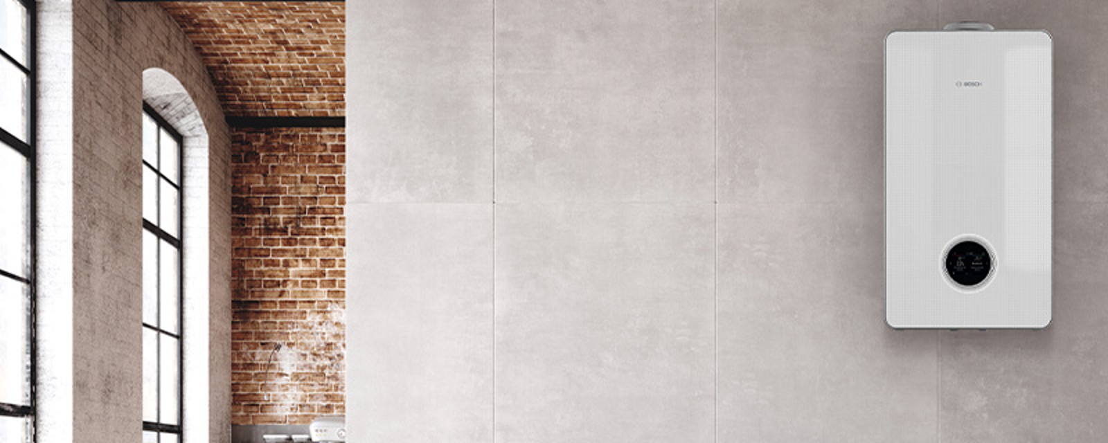 Ein Gas-Brennwertgerät hängt an der Wand einer modernen Wohnung. Ein Gas-Brennwertgerät hängt an der Wand einer modernen Wohnung.