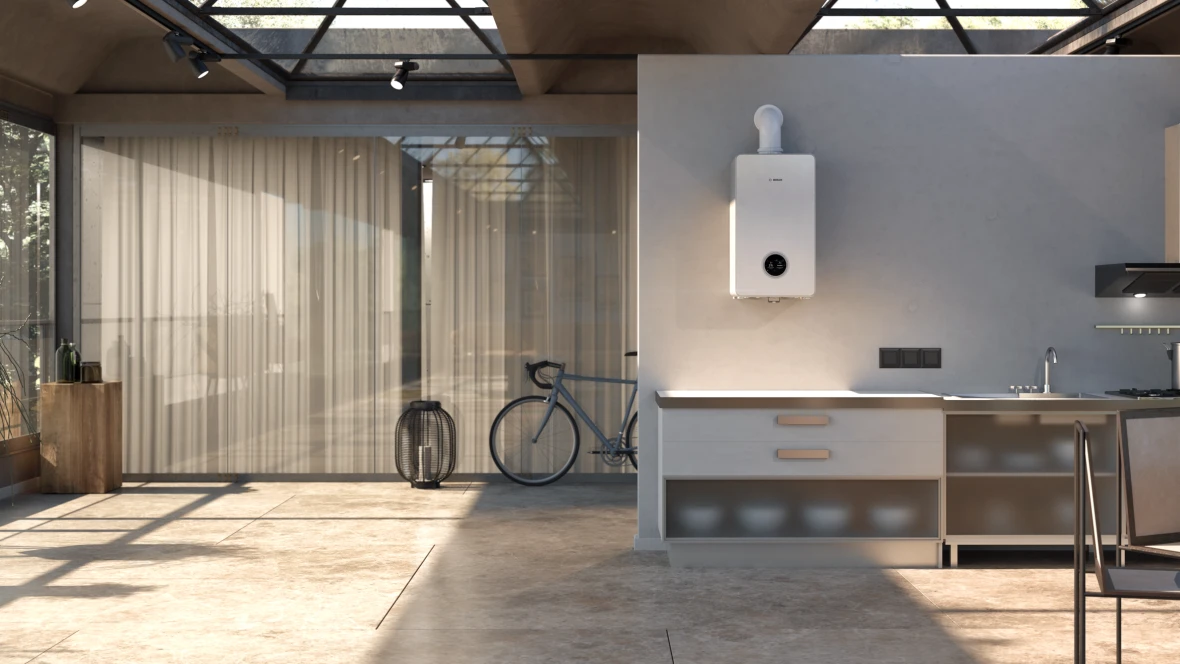 Ein Gasgerät von Bosch hängt in der Küche.