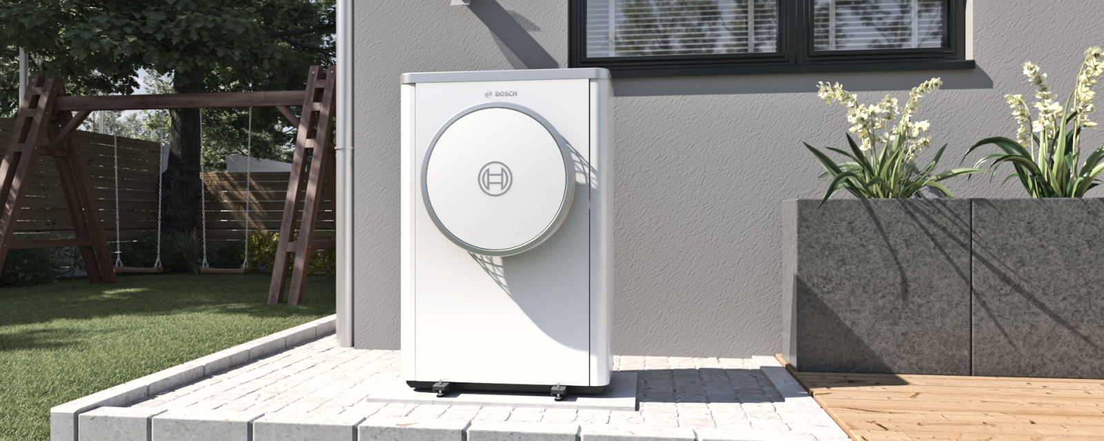Bosch Luft-Wasser-Wärmepumpe Compress 7400i AW auf der Terrasse stehend Bosch Luft-Wasser-Wärmepumpe Compress 7400i AW auf der Terrasse stehend
