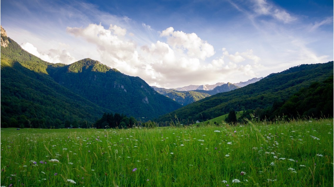 Grüne Wiese mit Bergen und Himmel mit Wolken Grüne Wiese mit Bergen und Himmel mit Wolken