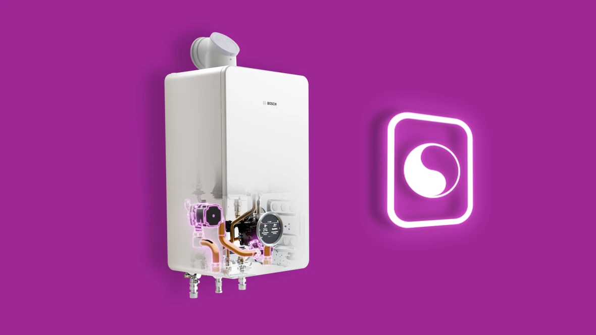 Bosch All-in-One Heizung Compress Hybrid 5800i G mit sichtbaren Innenkomponenten vor lila Hintergrund und leuchtendem Hybrid-Symbol.