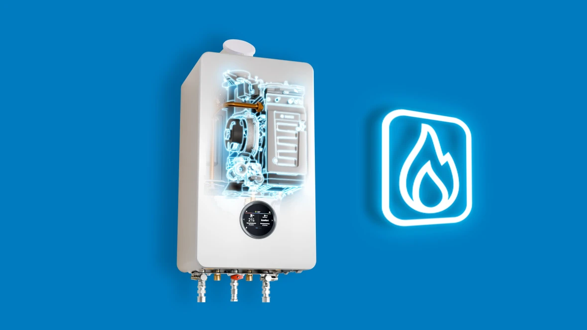 Bosch All-in-One Heizung Compress Hybrid 5800i G mit sichtbaren Gaskomponenten vor blauem Hintergrund und leuchtendem Gassymbol.