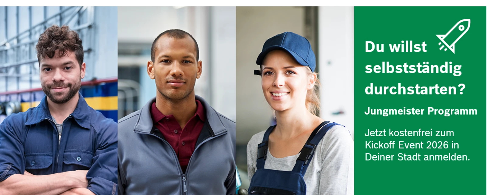 Drei Installateure und Informationen zu den Terminen für das Jungmeisterprogramm sind abgebildet.