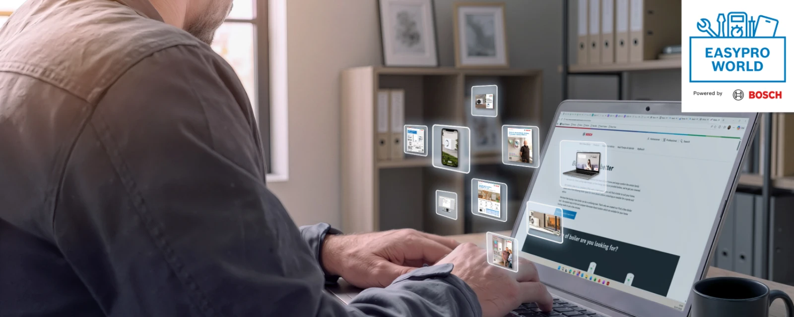 En professionel håndværker browser Boschs onlineportal på en bærbar computer med et digitalt overlay, der viser økosystemet af marketingapps og -tjenester, der er tilgængelige til varme- og kedelsystemer. (AI-genereret)