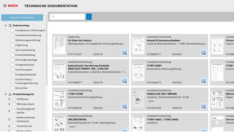 Adgang til Bosch onlineportal for teknisk dokumentation for at finde produktmanualer og information.