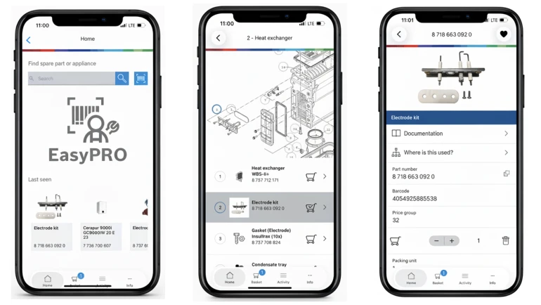 L'interface de l'application EasyPRO Scan sur trois écrans de smartphone, illustrant le processus de numérisation pour la recherche de pièces détachées, la visualisation de schémas techniques et l'accès à la documentation.