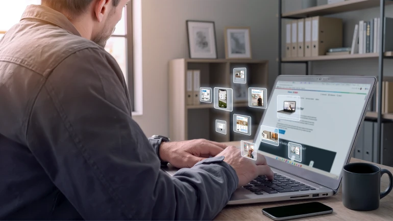 Un professionnel du marketing utilise un ordinateur portable pour accéder à un portail de ressources marketing, avec divers éléments et modèles téléchargeables semblant flotter au-dessus de l'écran.