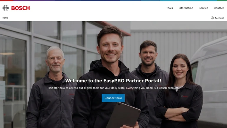 Une équipe de techniciens professionnels sur l'écran d'accueil de l'application Bosch EasyPRO Partner Portal.