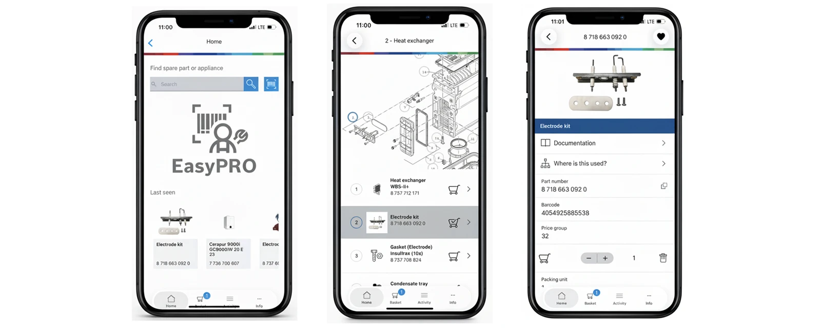 Trois captures d'écran de l'application Bosch EasyPRO Scan montrant la recherche de pièces détachées, le schéma éclaté et l'interface de commande pour les techniciens de maintenance.