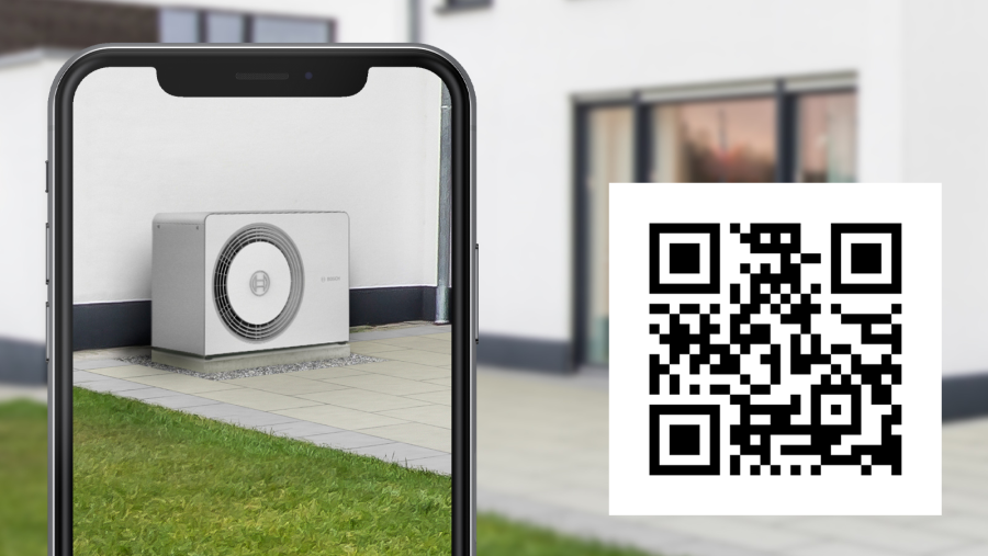 Visualisation en réalité augmentée d'une pompe à chaleur Bosch installée devant une maison individuelle